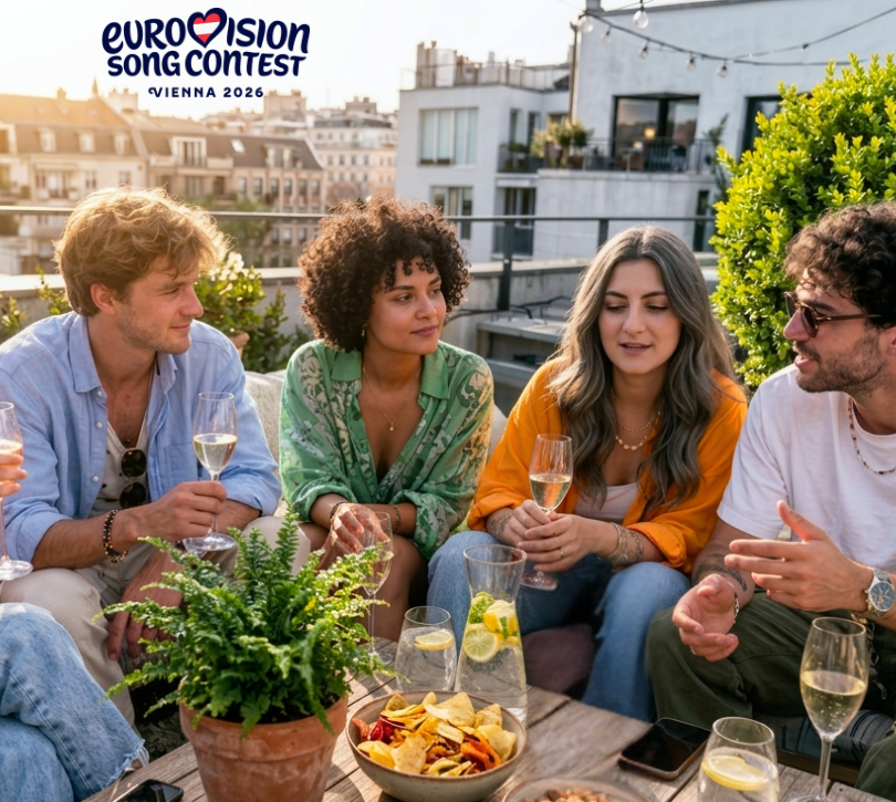 Gruppe von Personen sitzen auf der Dachterrasse und trinken Sekt