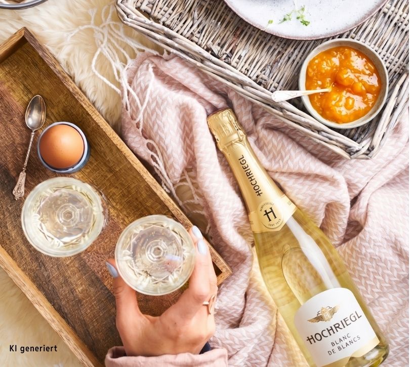 Blanc de Blanc Frühstück im Bett mit Eier und Marmelade