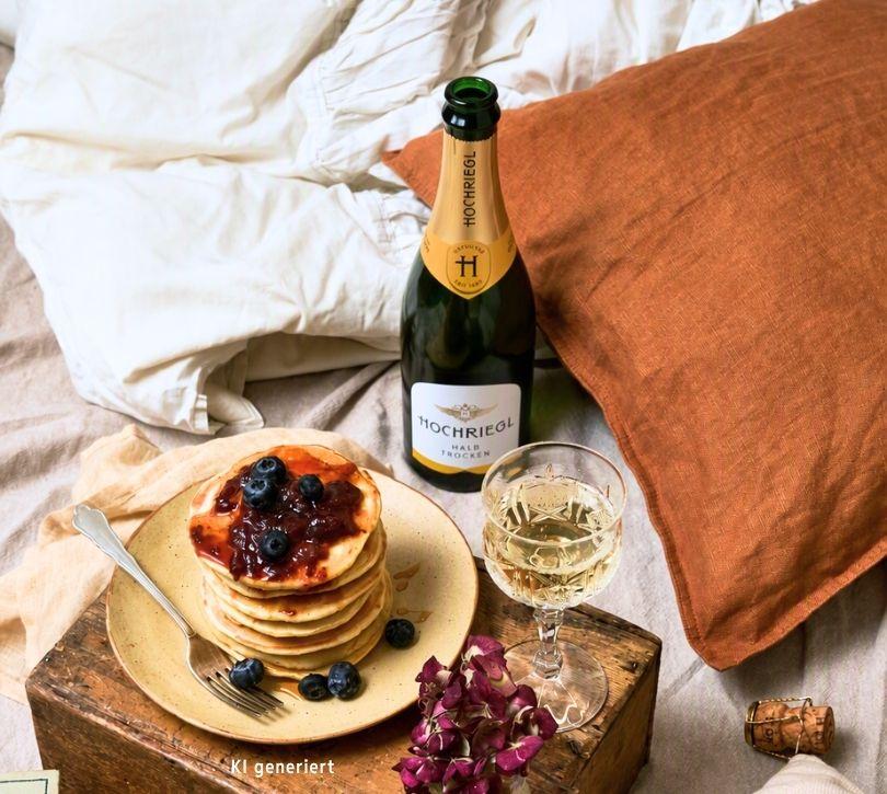 Hlabtrocken steht auf Bett mit Pancakes