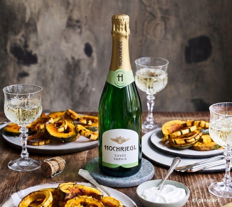 Hochriegl Cuvee Sophie steht am Tisch mit gegrilltem Kürbis