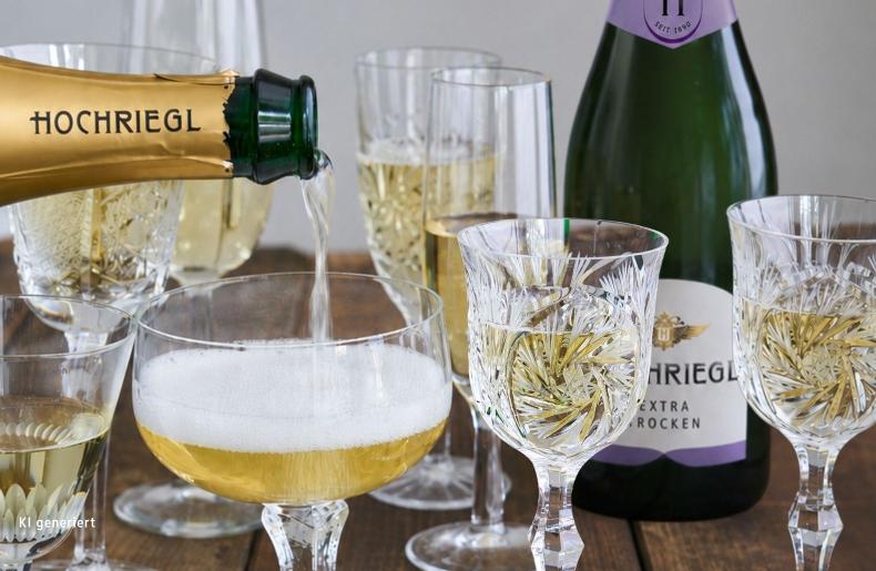 Hochriegl Sekt wird in unterschiedliche Gläser eingeschenkt